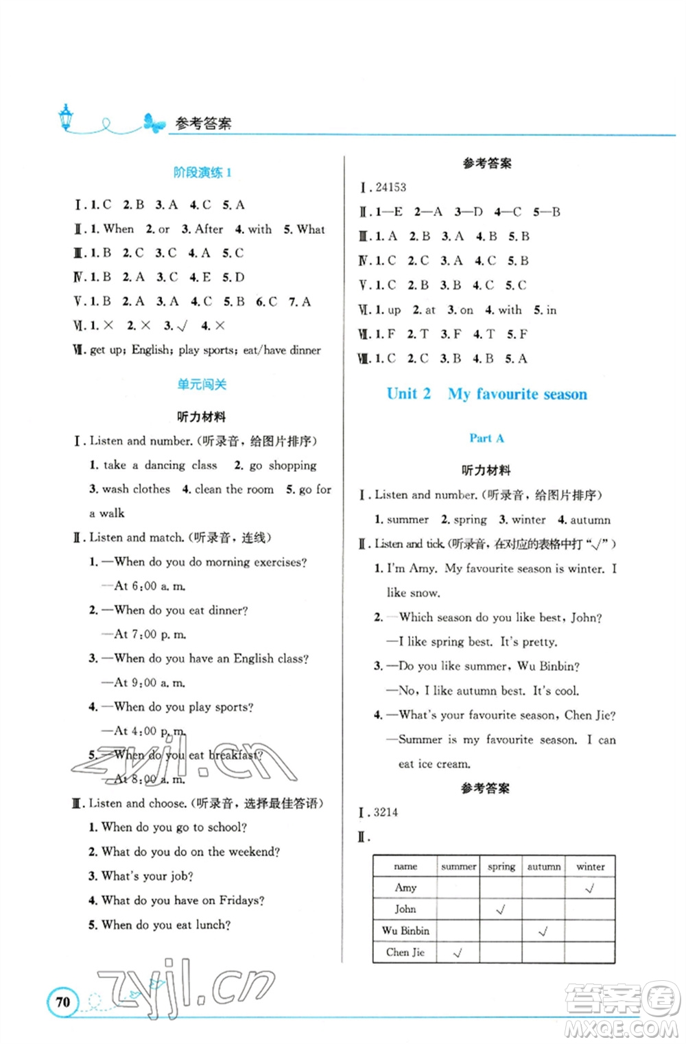 人民教育出版社2023小學(xué)同步測控優(yōu)化設(shè)計五年級英語下冊人教PEP版精編版參考答案