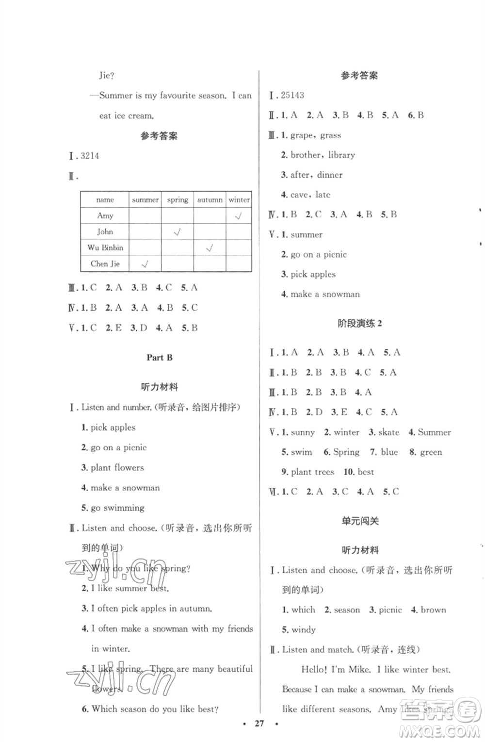 人民教育出版社2023小學(xué)同步測(cè)控優(yōu)化設(shè)計(jì)五年級(jí)英語(yǔ)下冊(cè)人教PEP版三起廣東專版參考答案