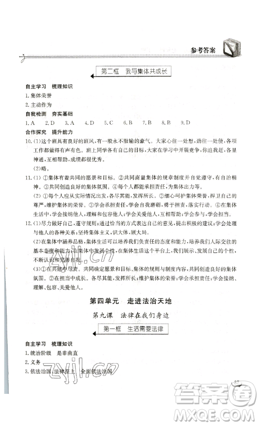 湖北教育出版社2023長(zhǎng)江作業(yè)本同步練習(xí)冊(cè)七年級(jí)道德與法治下冊(cè)人教版參考答案