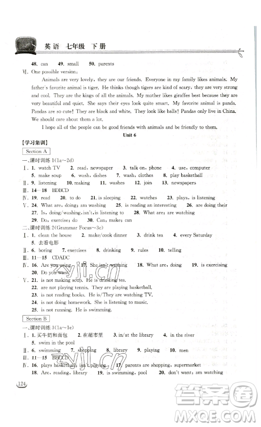 湖北教育出版社2023長江作業(yè)本同步練習(xí)冊七年級英語下冊人教版參考答案