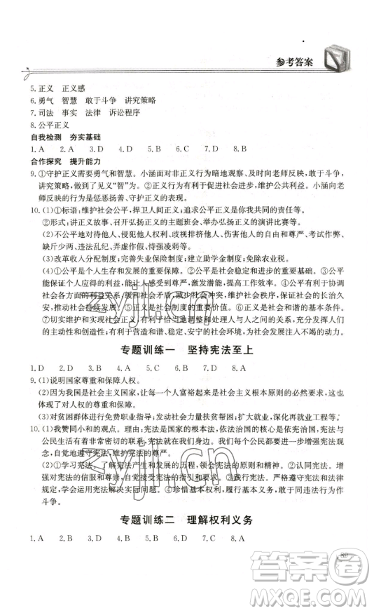 湖北教育出版社2023長江作業(yè)本同步練習(xí)冊八年級道德與法治下冊人教版參考答案