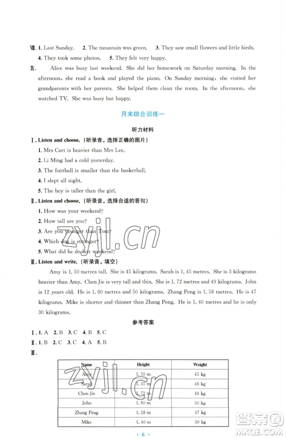 人民教育出版社2023小學(xué)同步測控優(yōu)化設(shè)計六年級英語下冊人教PEP版三起增強(qiáng)版參考答案