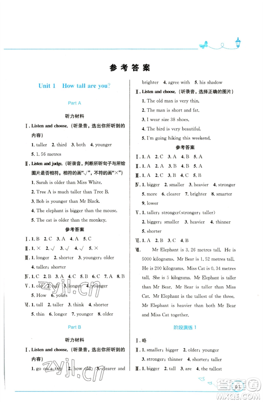 人民教育出版社2023小學(xué)同步測控優(yōu)化設(shè)計(jì)六年級英語下冊人教PEP版精編版參考答案