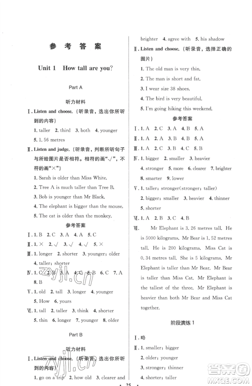 人民教育出版社2023小學(xué)同步測(cè)控優(yōu)化設(shè)計(jì)六年級(jí)英語(yǔ)下冊(cè)人教PEP版三起廣東專版參考答案