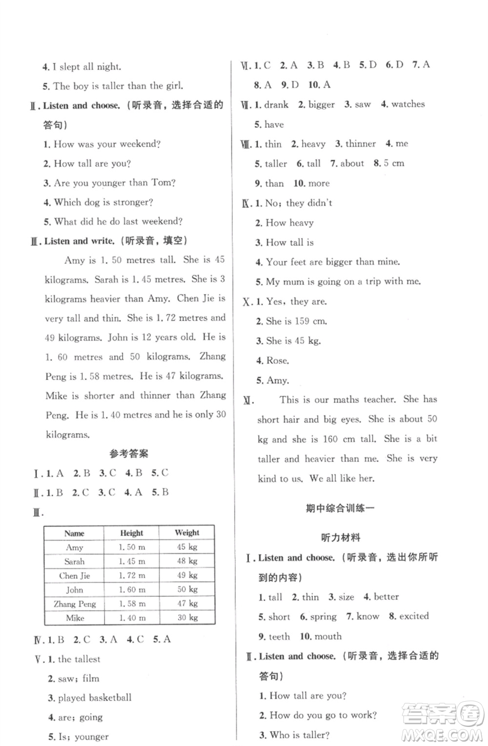 人民教育出版社2023小學(xué)同步測(cè)控優(yōu)化設(shè)計(jì)六年級(jí)英語(yǔ)下冊(cè)人教PEP版三起廣東專版參考答案