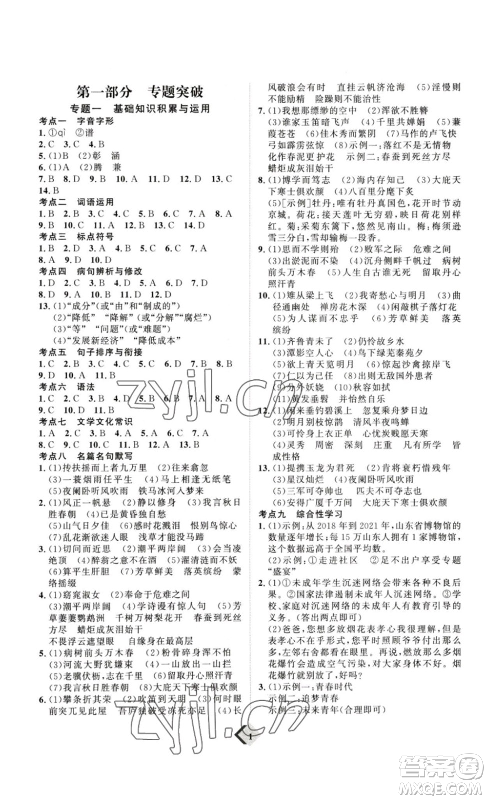 延邊教育出版社2023最新版優(yōu)+學(xué)案贏在中考語文答案