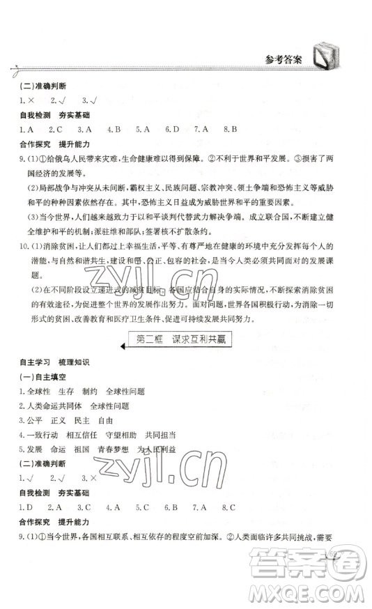 湖北教育出版社2023長(zhǎng)江作業(yè)本同步練習(xí)冊(cè)九年級(jí)道德與法治下冊(cè)人教版參考答案