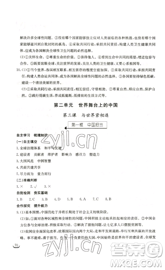 湖北教育出版社2023長(zhǎng)江作業(yè)本同步練習(xí)冊(cè)九年級(jí)道德與法治下冊(cè)人教版參考答案