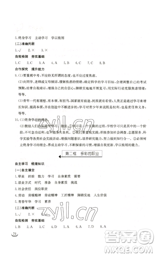 湖北教育出版社2023長(zhǎng)江作業(yè)本同步練習(xí)冊(cè)九年級(jí)道德與法治下冊(cè)人教版參考答案
