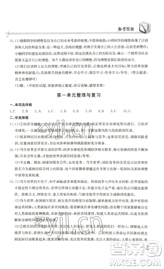 湖北教育出版社2023長(zhǎng)江作業(yè)本同步練習(xí)冊(cè)九年級(jí)道德與法治下冊(cè)人教版參考答案