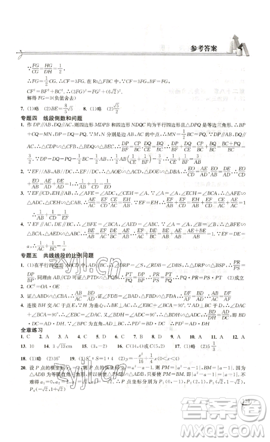 湖北教育出版社2023長江作業(yè)本同步練習(xí)冊九年級(jí)數(shù)學(xué)下冊人教版參考答案
