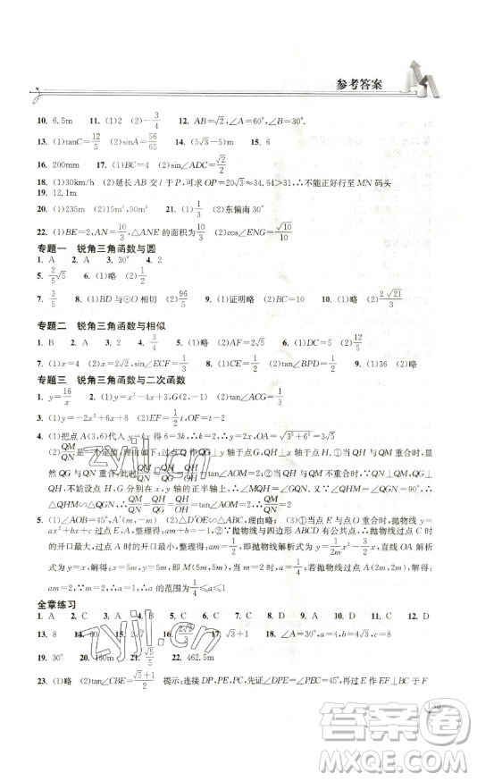 湖北教育出版社2023長江作業(yè)本同步練習(xí)冊九年級(jí)數(shù)學(xué)下冊人教版參考答案