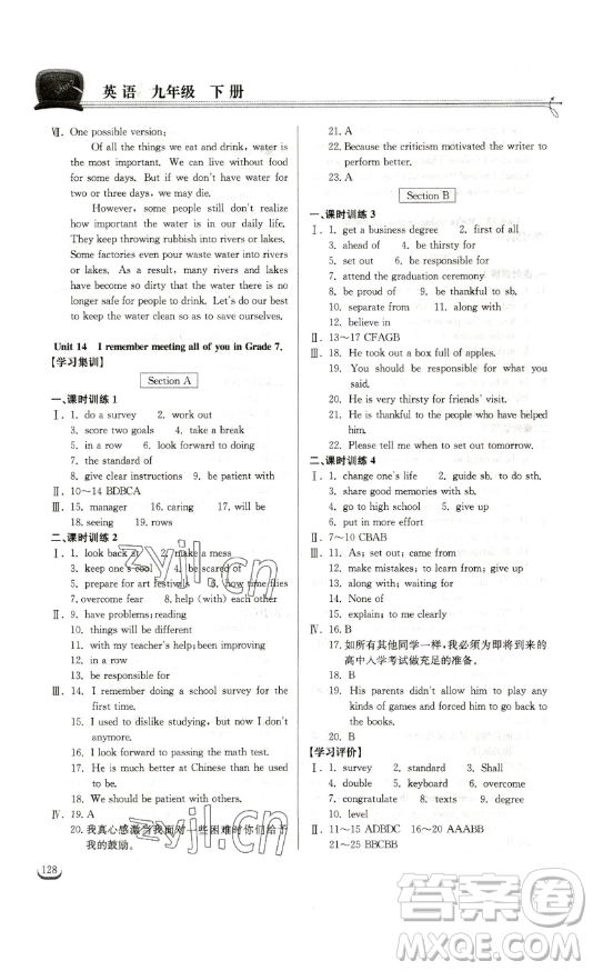 湖北教育出版社2023長江作業(yè)本同步練習冊九年級英語下冊人教版參考答案