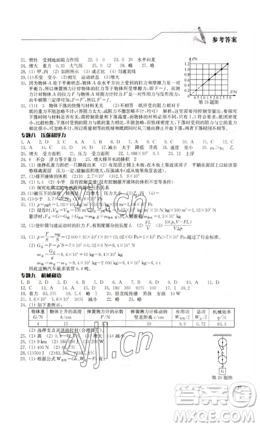 湖北教育出版社2023長(zhǎng)江作業(yè)本同步練習(xí)冊(cè)九年級(jí)物理下冊(cè)北師大版參考答案