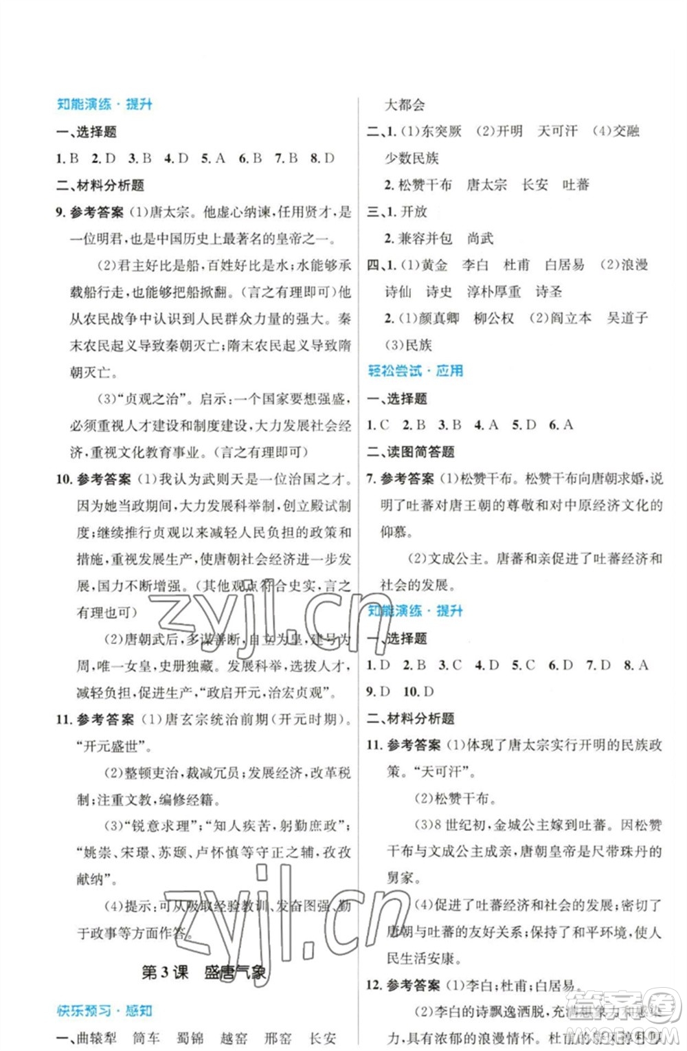 人民教育出版社2023初中同步測(cè)控優(yōu)化設(shè)計(jì)七年級(jí)中國(guó)歷史下冊(cè)人教版福建專版參考答案