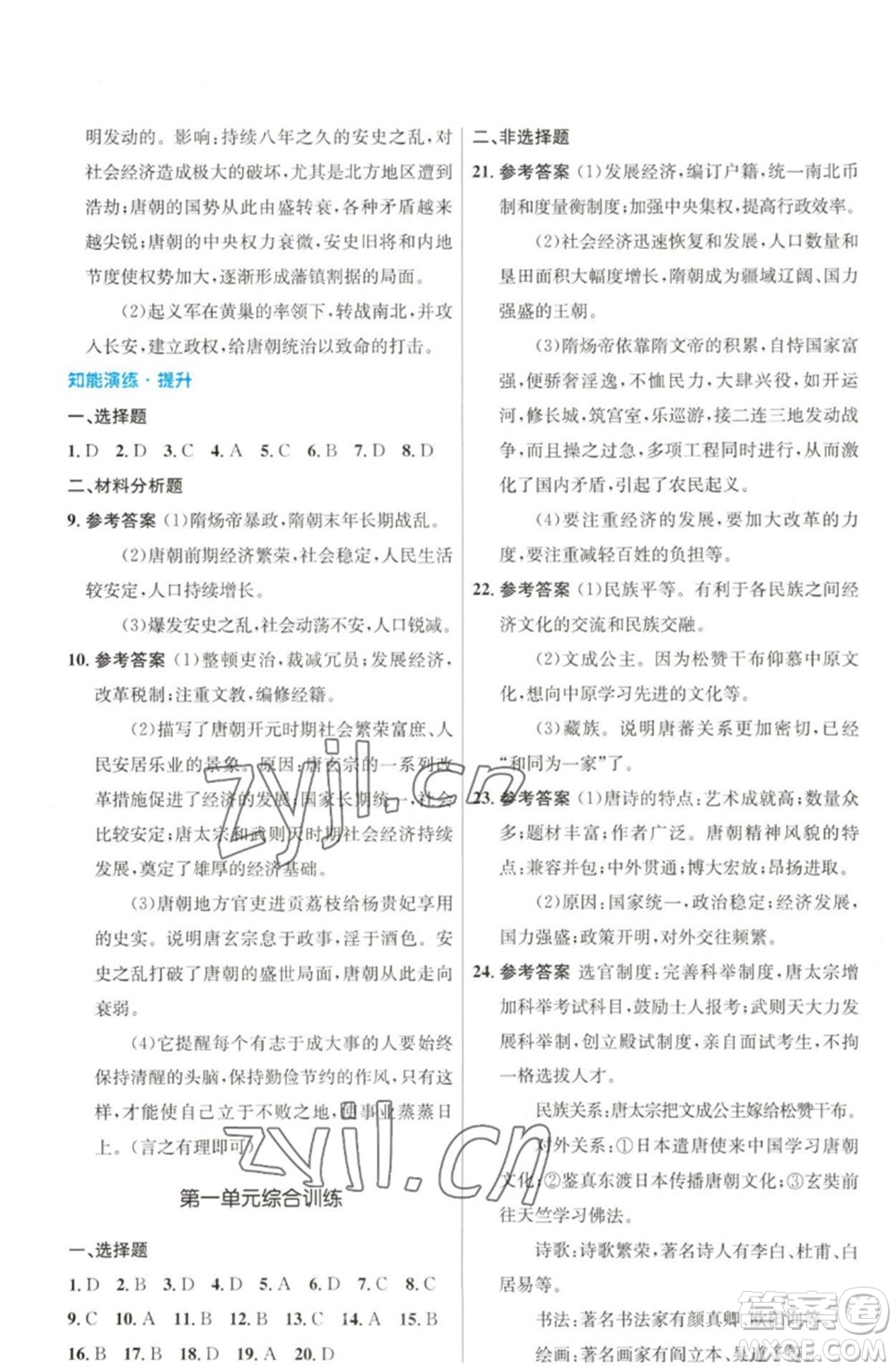 人民教育出版社2023初中同步測(cè)控優(yōu)化設(shè)計(jì)七年級(jí)中國(guó)歷史下冊(cè)人教版福建專版參考答案