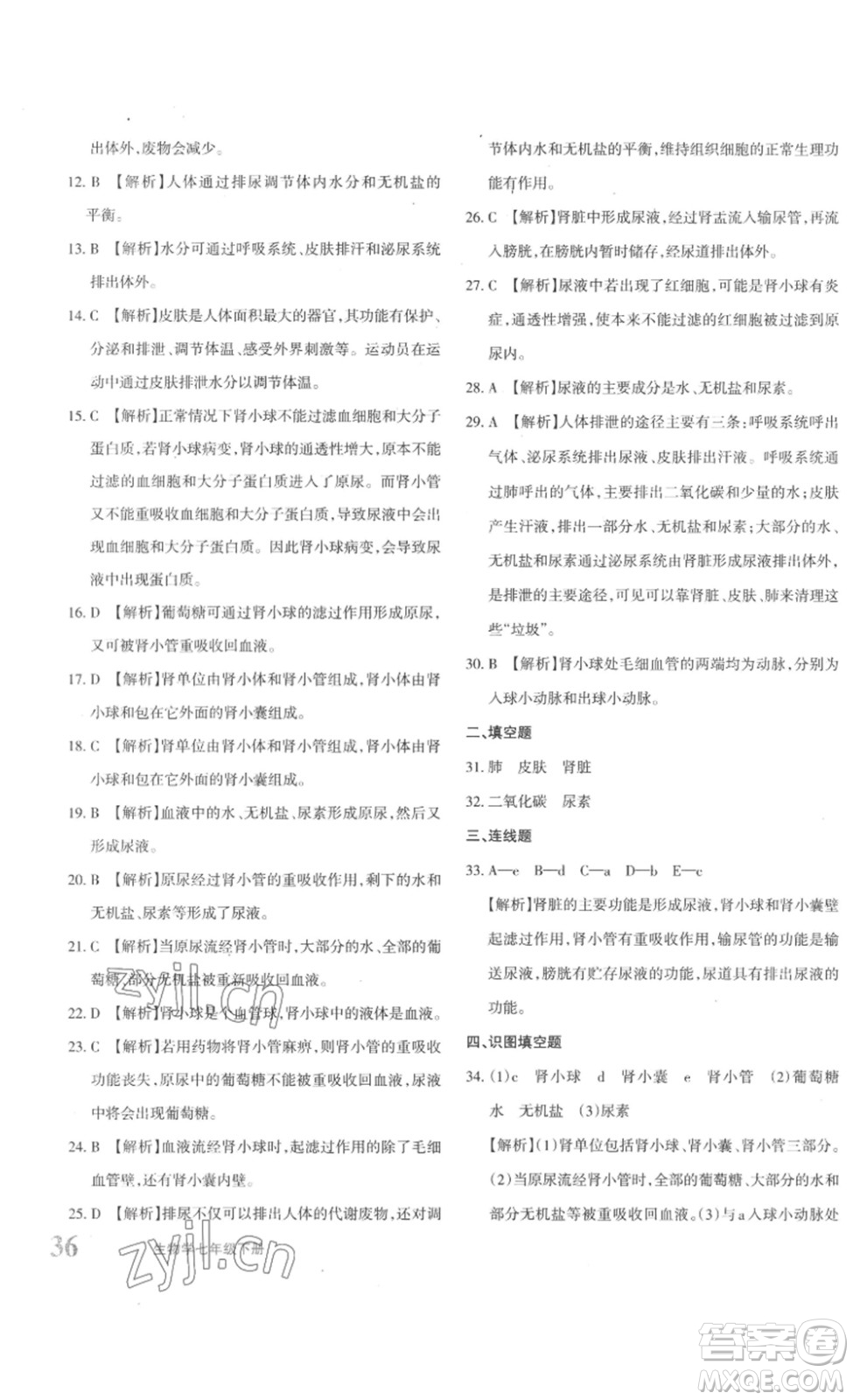新疆青少年出版社2023優(yōu)學1+1評價與測試七年級生物下冊人教版答案