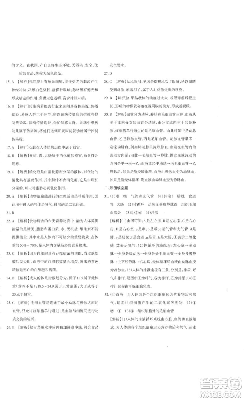 新疆青少年出版社2023優(yōu)學1+1評價與測試七年級生物下冊人教版答案