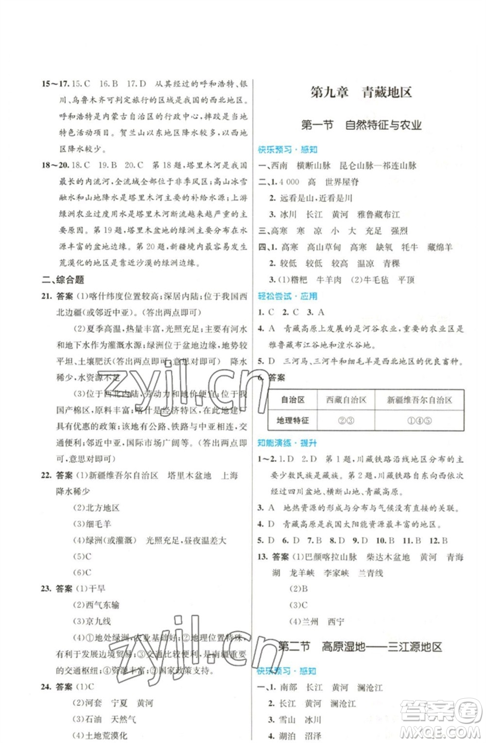 人民教育出版社2023初中同步測控優(yōu)化設(shè)計(jì)八年級地理下冊人教版福建專版參考答案