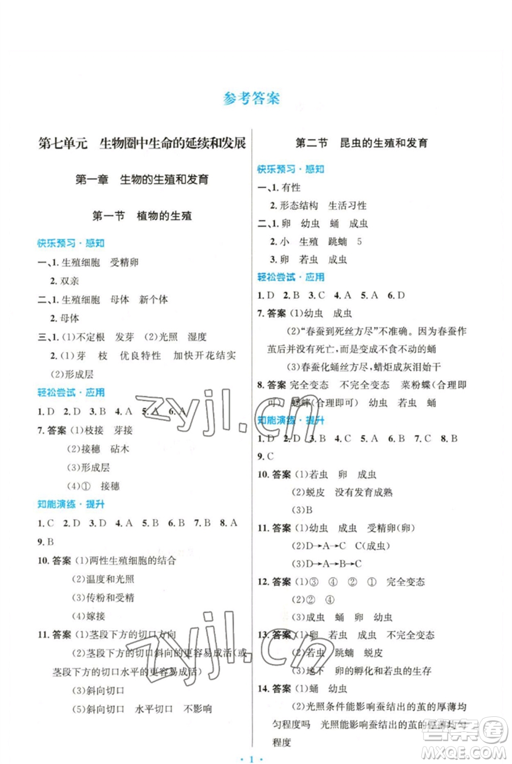 人民教育出版社2023初中同步測控優(yōu)化設計八年級生物下冊人教版精編版參考答案