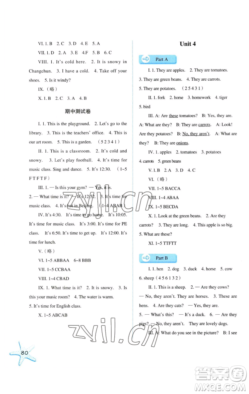 河北人民出版社2023同步訓(xùn)練四年級英語下冊人教版參考答案