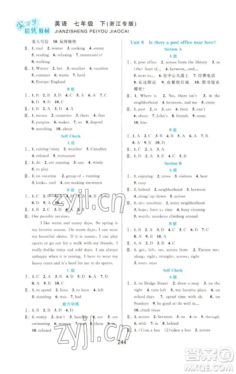 華東師范大學(xué)出版社2023尖子生培優(yōu)教材七年級(jí)英語(yǔ)下冊(cè)人教版浙江專(zhuān)版參考答案