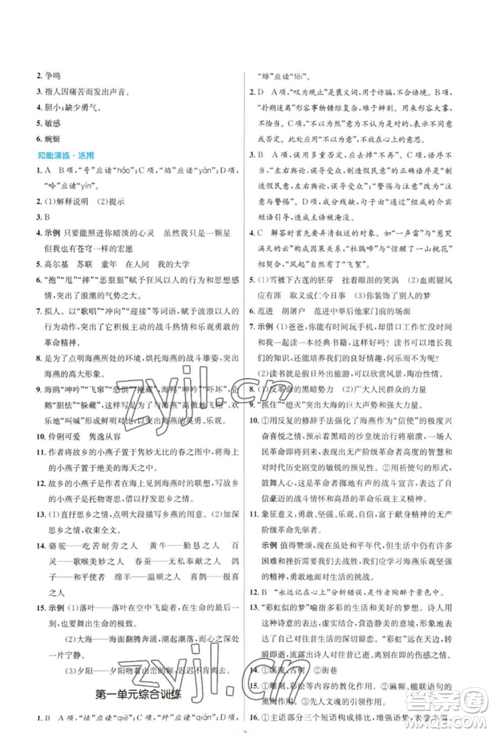 人民教育出版社2023初中同步測(cè)控優(yōu)化設(shè)計(jì)九年級(jí)語文下冊(cè)人教版參考答案