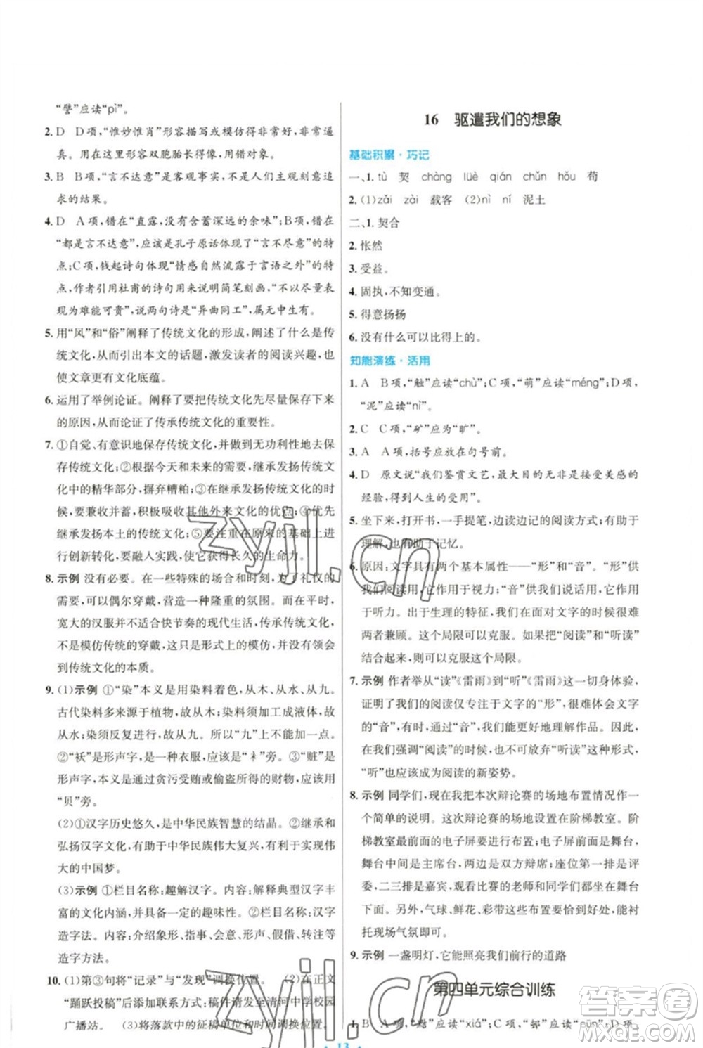 人民教育出版社2023初中同步測(cè)控優(yōu)化設(shè)計(jì)九年級(jí)語文下冊(cè)人教版參考答案