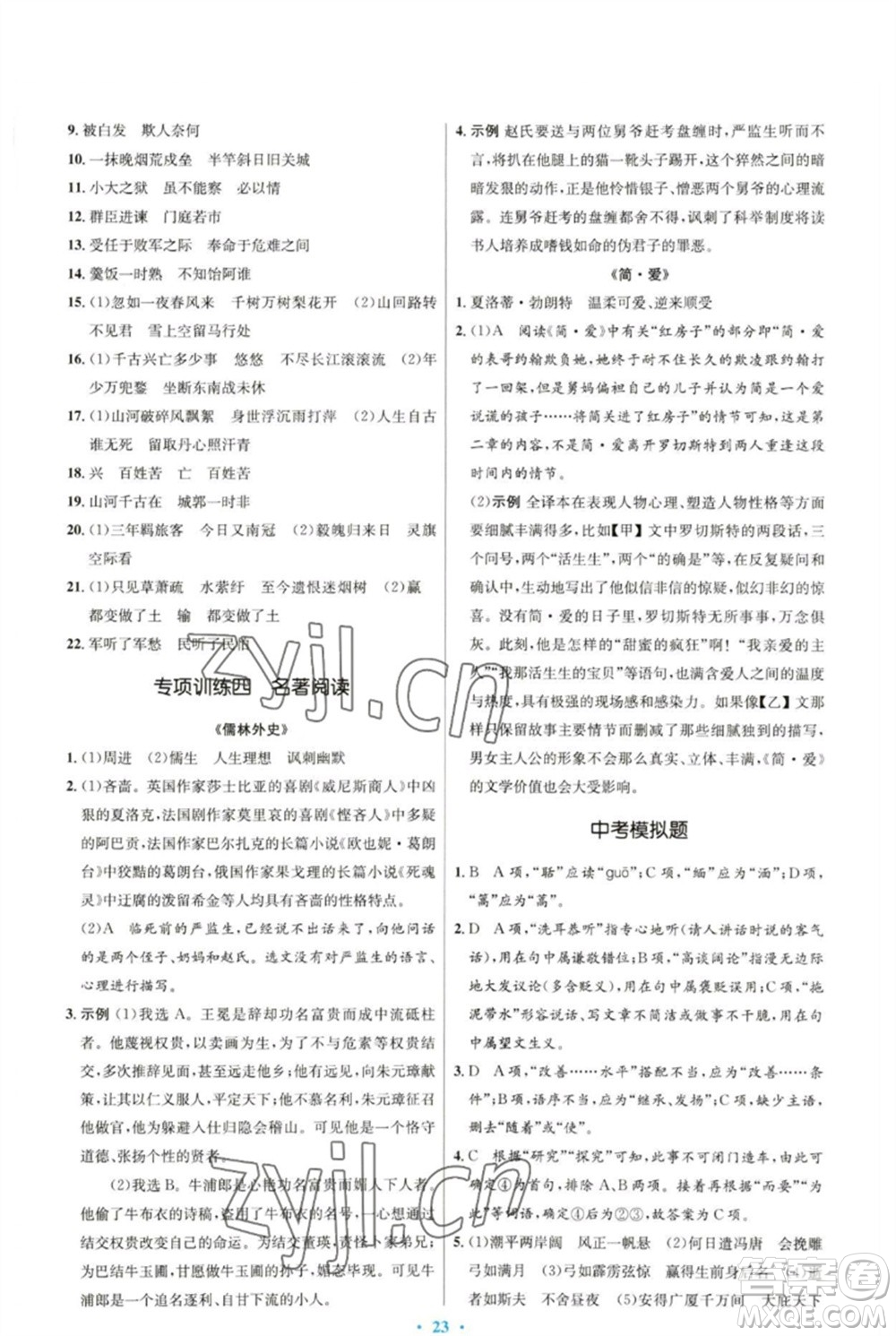 人民教育出版社2023初中同步測(cè)控優(yōu)化設(shè)計(jì)九年級(jí)語文下冊(cè)人教版參考答案