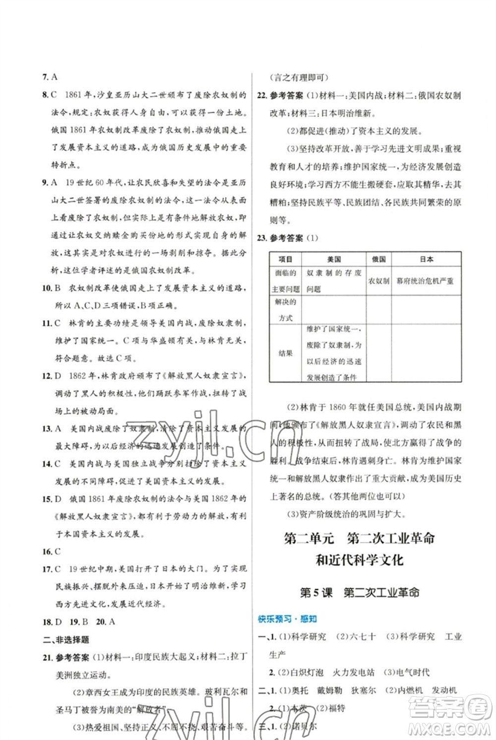人民教育出版社2023初中同步測控優(yōu)化設計九年級世界歷史下冊人教版參考答案
