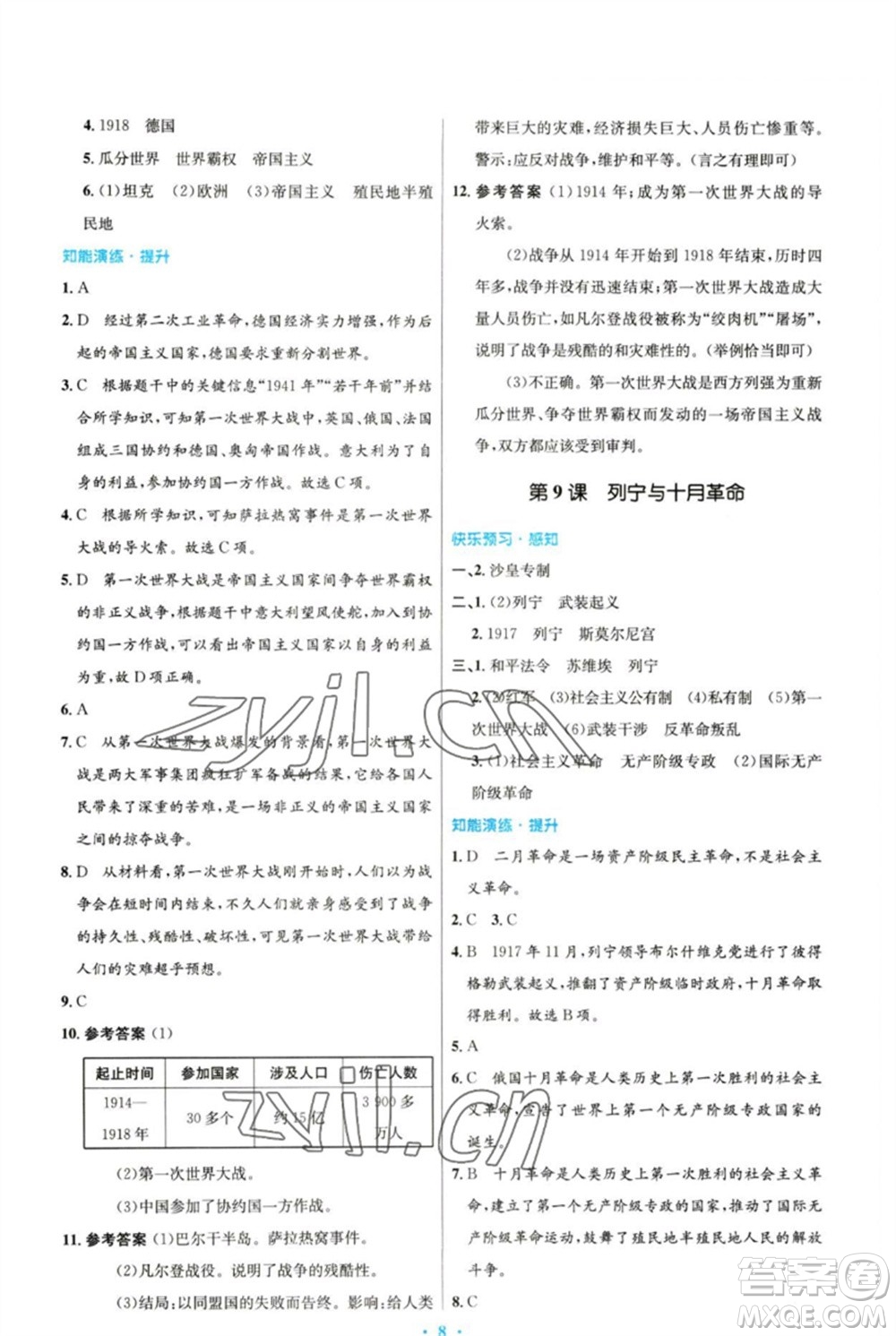 人民教育出版社2023初中同步測控優(yōu)化設計九年級世界歷史下冊人教版參考答案