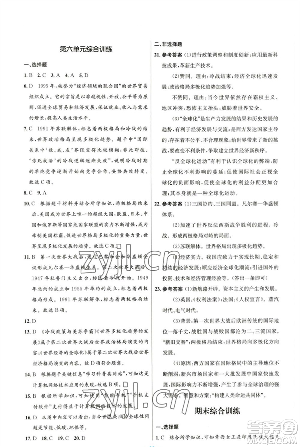 人民教育出版社2023初中同步測控優(yōu)化設計九年級世界歷史下冊人教版參考答案