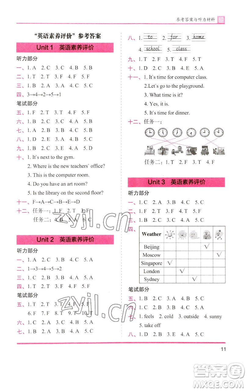湖南師范大學(xué)出版社2023木頭馬分層課課練四年級英語下冊人教版參考答案