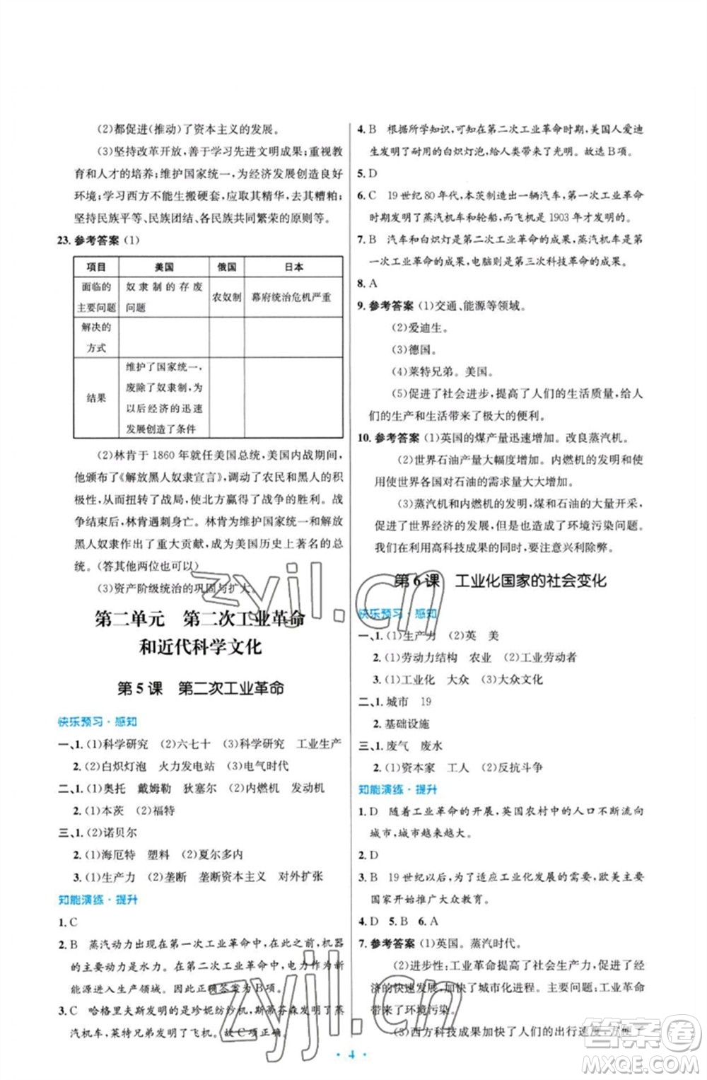 人民教育出版社2023初中同步測控優(yōu)化設(shè)計(jì)九年級世界歷史下冊人教版福建專版參考答案