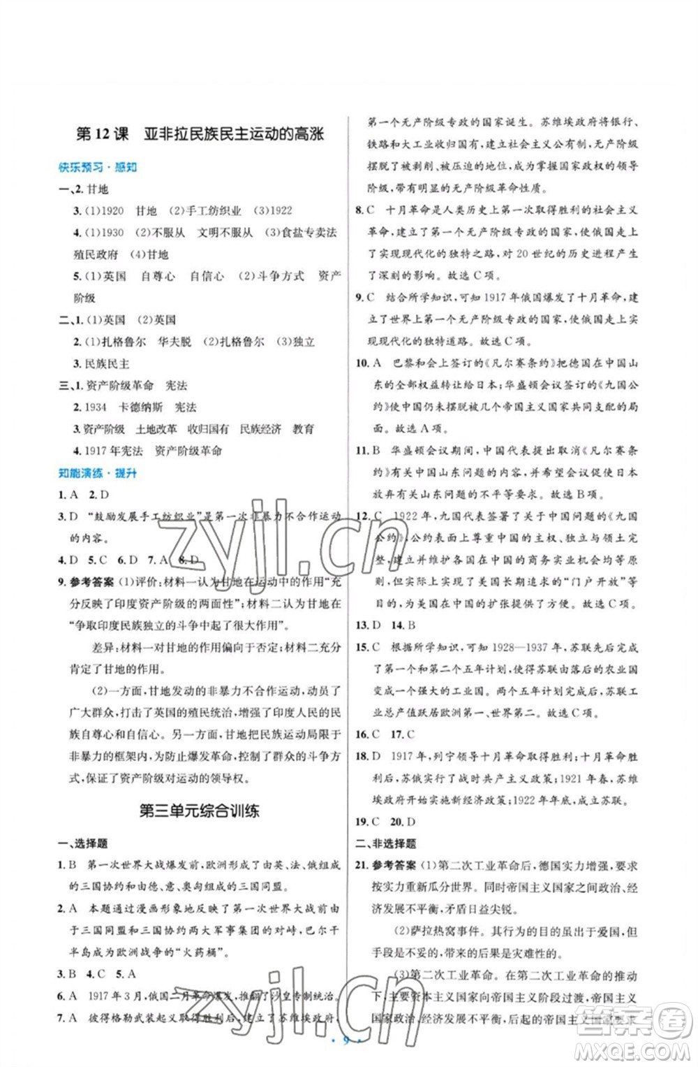 人民教育出版社2023初中同步測控優(yōu)化設(shè)計(jì)九年級世界歷史下冊人教版福建專版參考答案