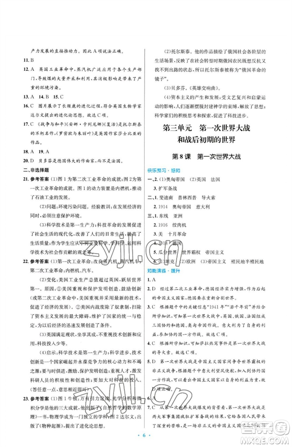 人民教育出版社2023初中同步測控優(yōu)化設(shè)計(jì)九年級世界歷史下冊人教版福建專版參考答案