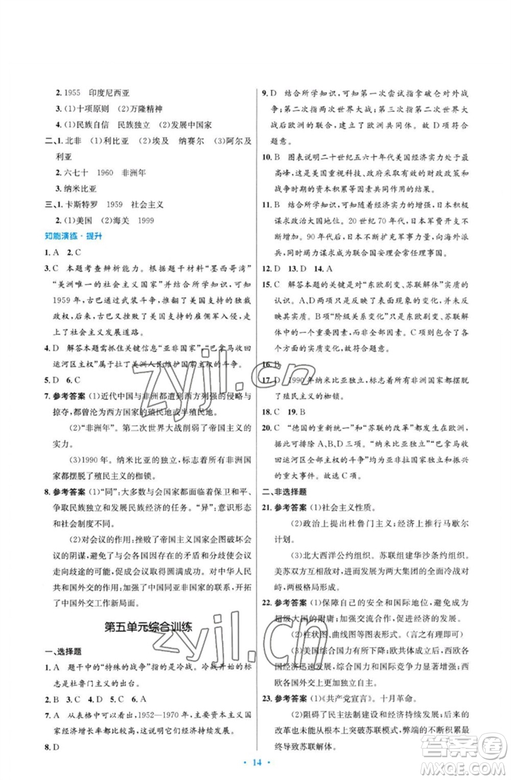 人民教育出版社2023初中同步測控優(yōu)化設(shè)計(jì)九年級世界歷史下冊人教版福建專版參考答案