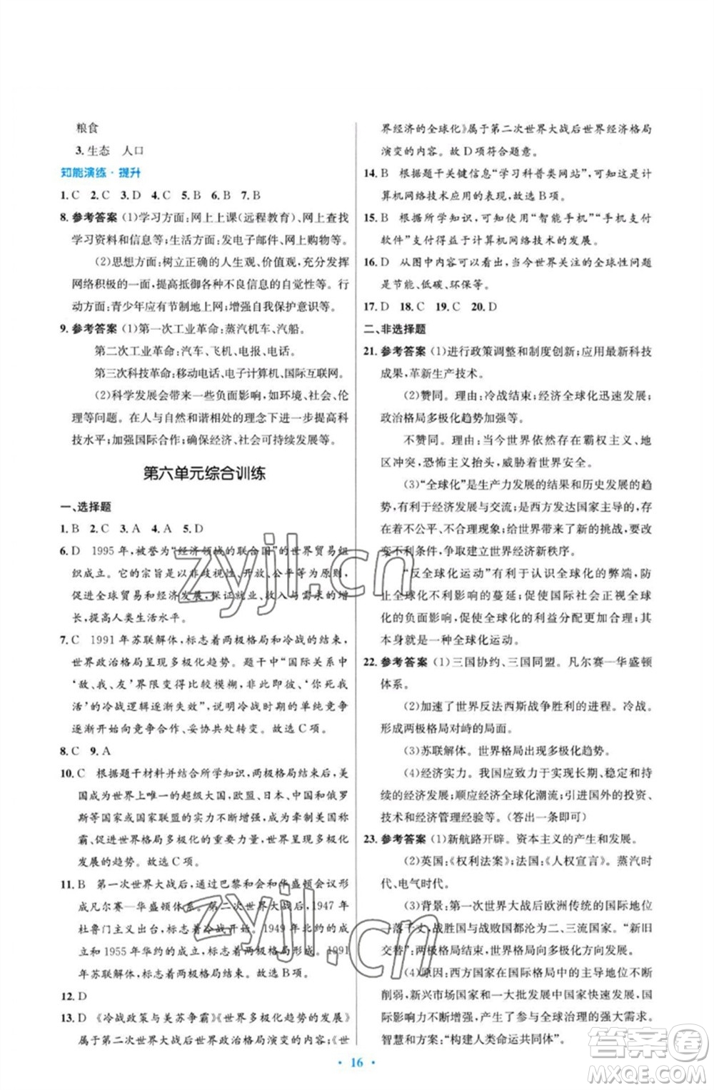 人民教育出版社2023初中同步測控優(yōu)化設(shè)計(jì)九年級世界歷史下冊人教版福建專版參考答案