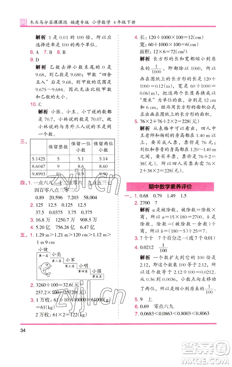 湖南師范大學(xué)出版社2023木頭馬分層課課練四年級(jí)數(shù)學(xué)下冊(cè)人教版福建專(zhuān)版參考答案