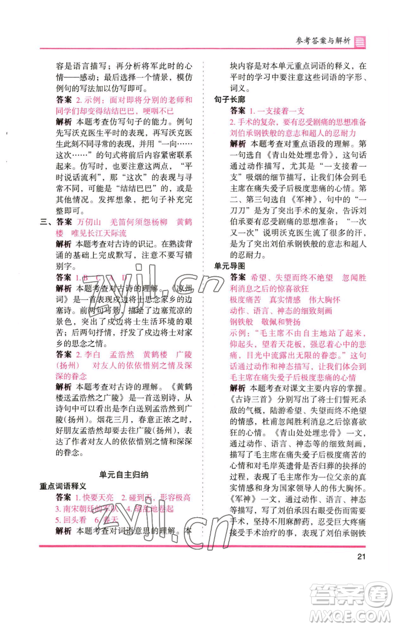 湖南師范大學(xué)出版社2023木頭馬分層課課練五年級(jí)語(yǔ)文下冊(cè)人教版浙江專版參考答案