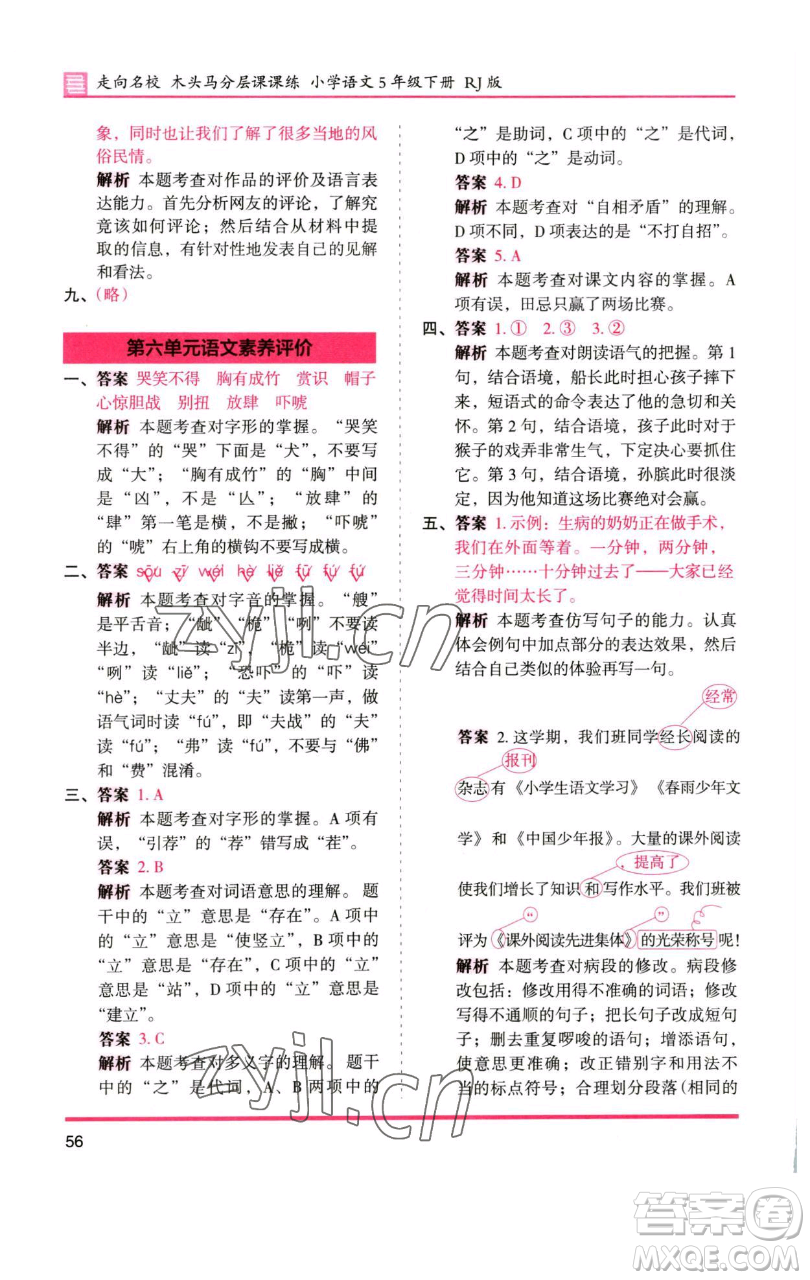 湖南師范大學(xué)出版社2023木頭馬分層課課練五年級(jí)語(yǔ)文下冊(cè)人教版浙江專版參考答案