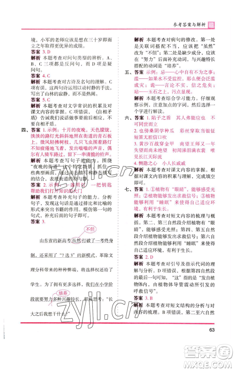 湖南師范大學(xué)出版社2023木頭馬分層課課練五年級(jí)語(yǔ)文下冊(cè)人教版浙江專版參考答案