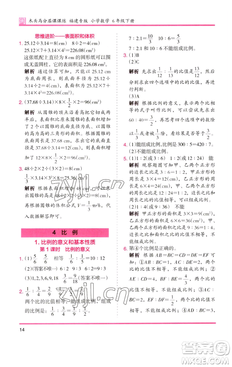 湖南師范大學(xué)出版社2023木頭馬分層課課練六年級(jí)數(shù)學(xué)下冊(cè)人教版福建專版參考答案