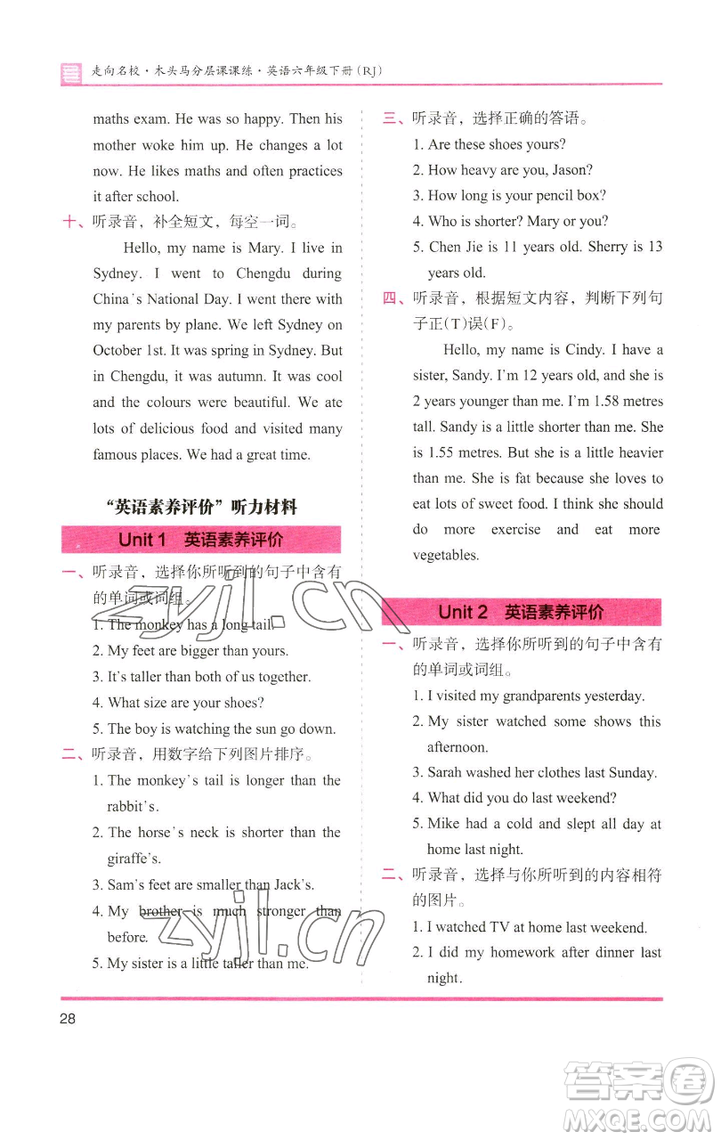 湖南師范大學(xué)出版社2023木頭馬分層課課練六年級英語下冊人教版參考答案