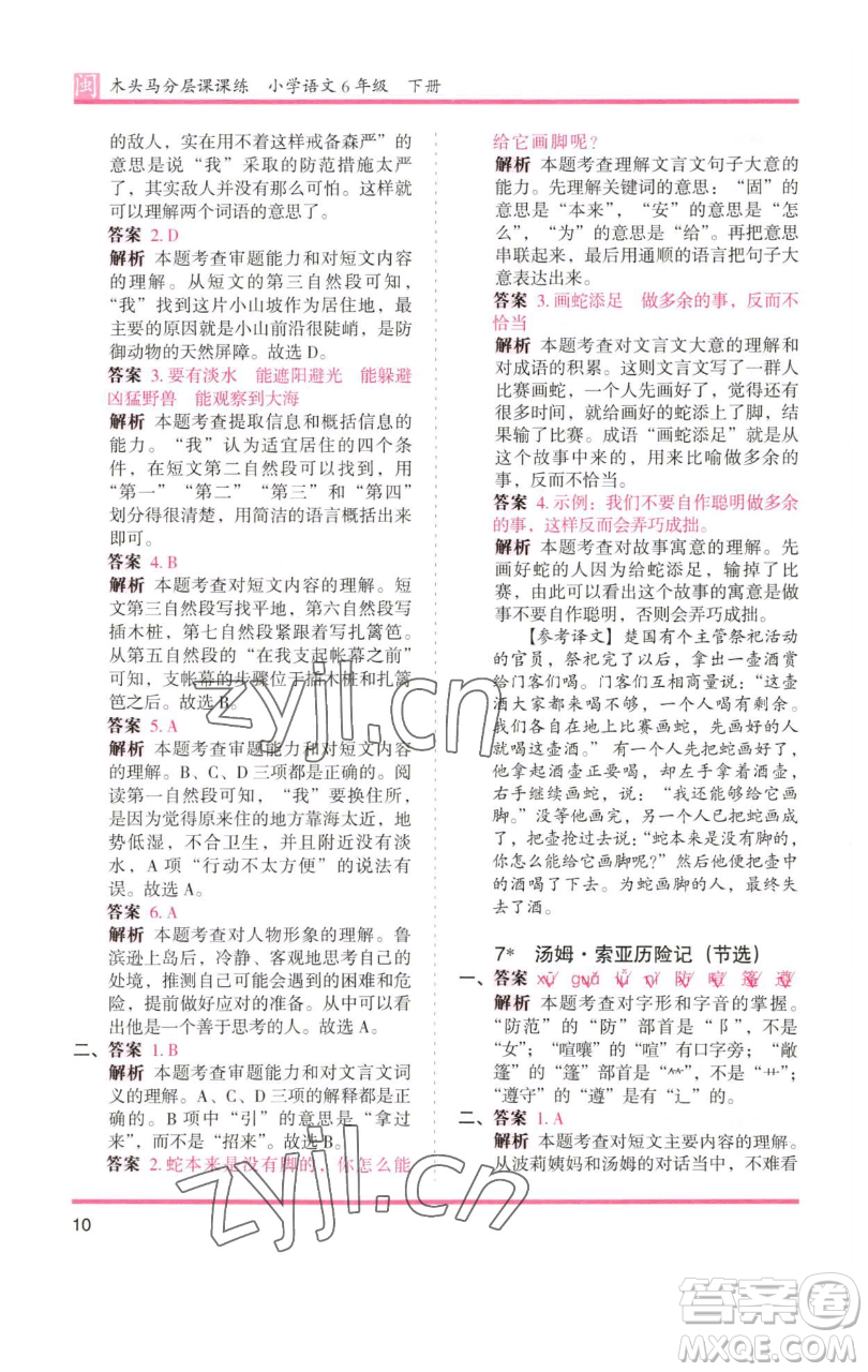 湖南師范大學出版社2023木頭馬分層課課練六年級語文下冊部編版福建專版參考答案
