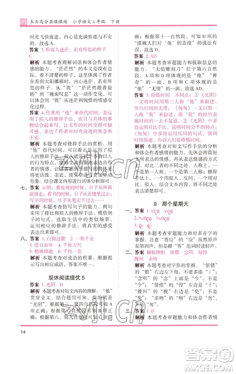 湖南師范大學出版社2023木頭馬分層課課練六年級語文下冊部編版福建專版參考答案