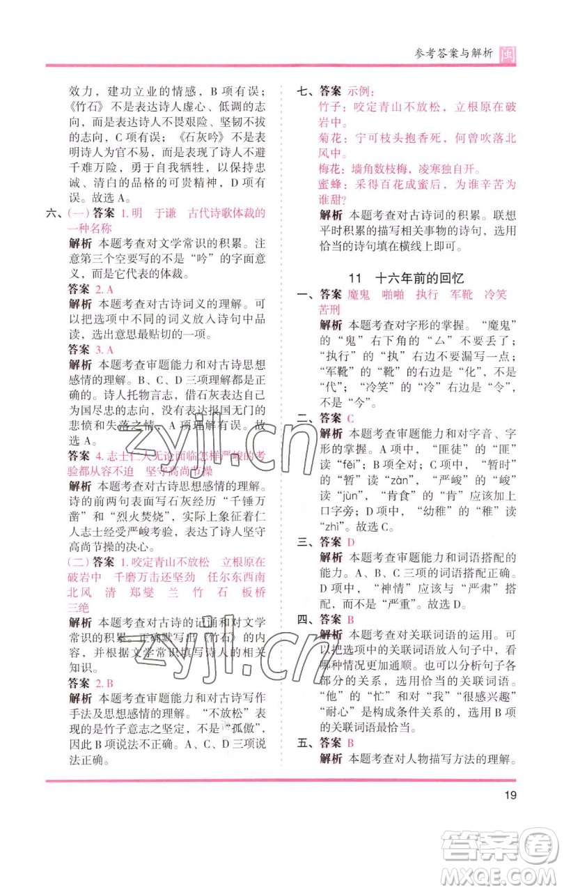 湖南師范大學出版社2023木頭馬分層課課練六年級語文下冊部編版福建專版參考答案