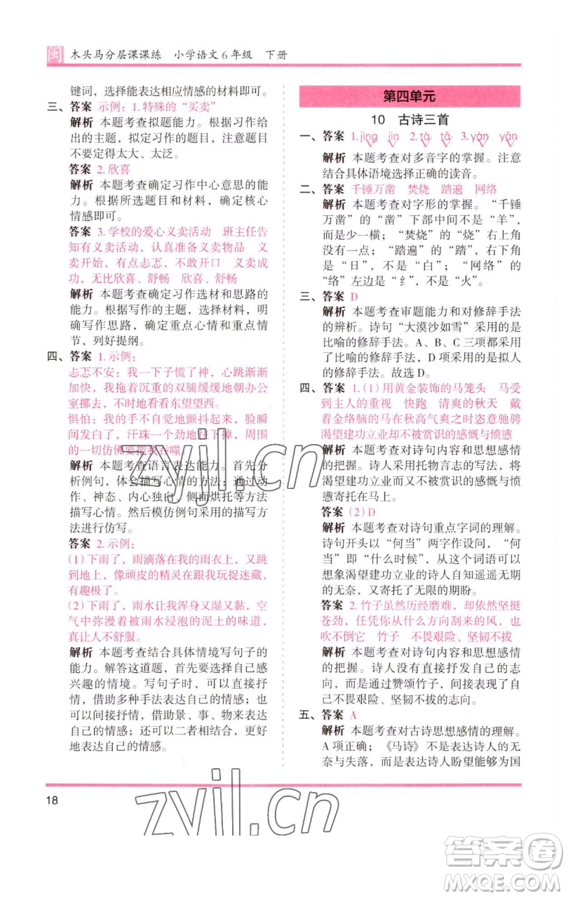 湖南師范大學出版社2023木頭馬分層課課練六年級語文下冊部編版福建專版參考答案