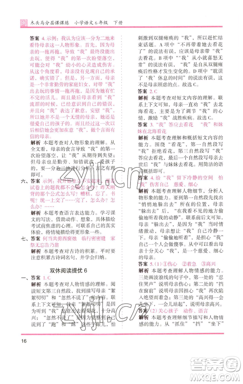 湖南師范大學出版社2023木頭馬分層課課練六年級語文下冊部編版福建專版參考答案