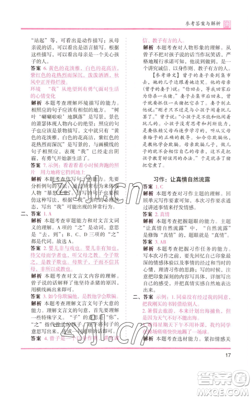 湖南師范大學出版社2023木頭馬分層課課練六年級語文下冊部編版福建專版參考答案